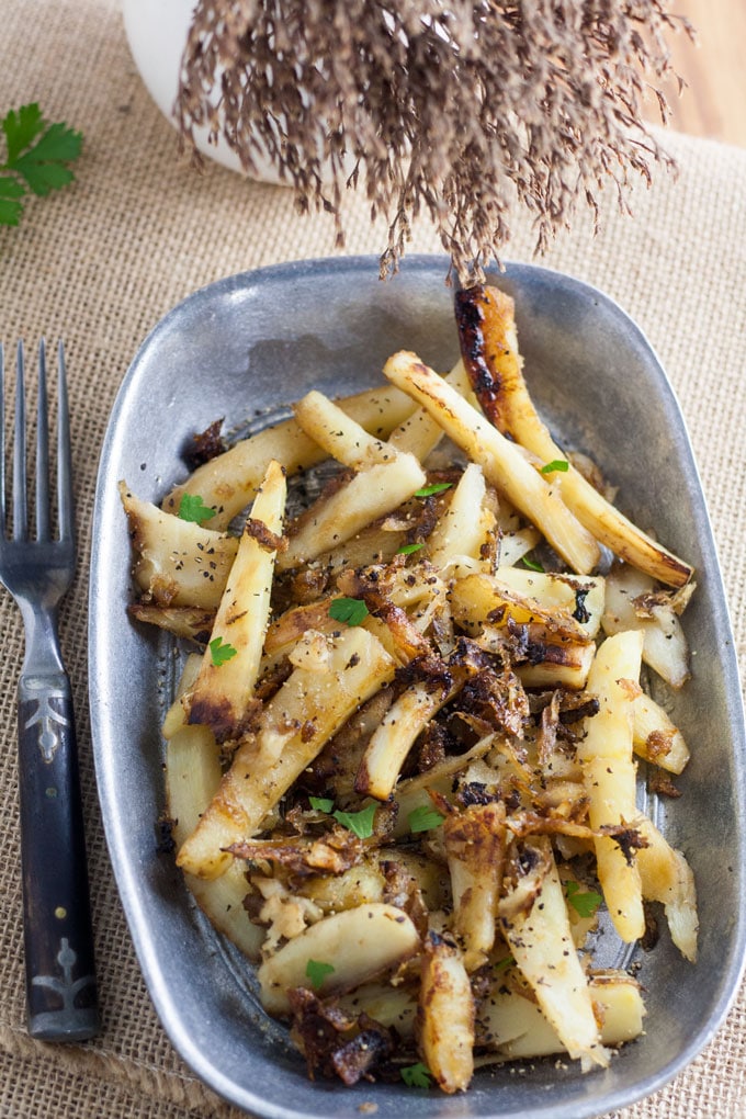 caramelized parsnips on oval plate