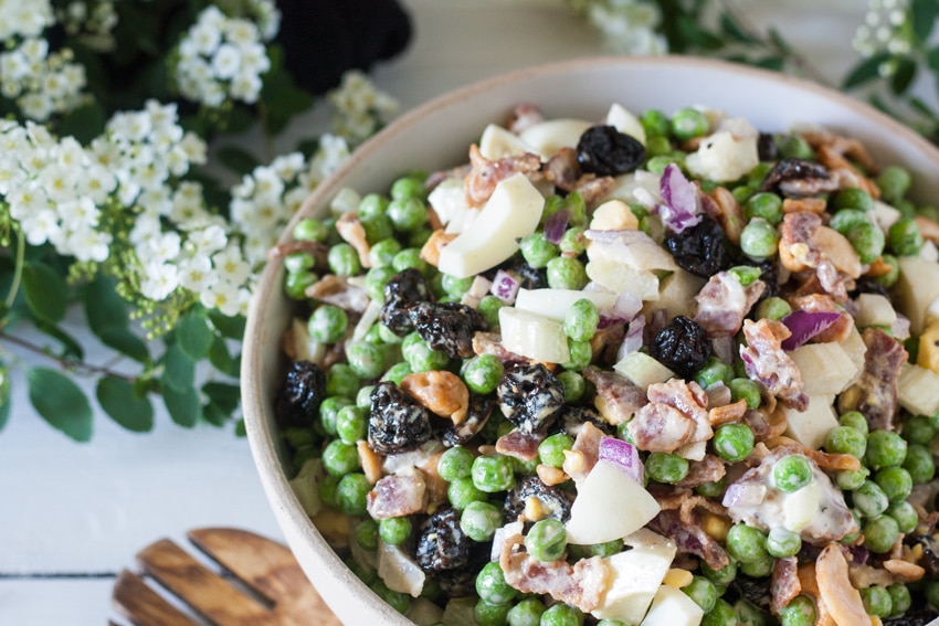 Green bowl with pea salad for July 4th recipes