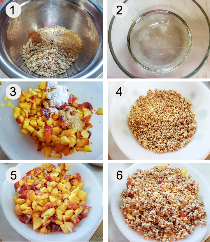 Dry ingredients. Melted coconut oil. Peaches mixed with spices. Crisp layer on bottom. Peaches added. Crisp layer added to top.
