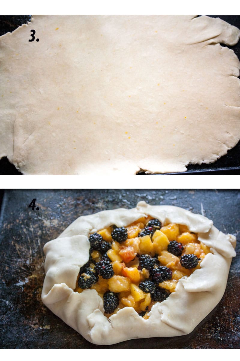 galette dough rolled out, galette on baking tray