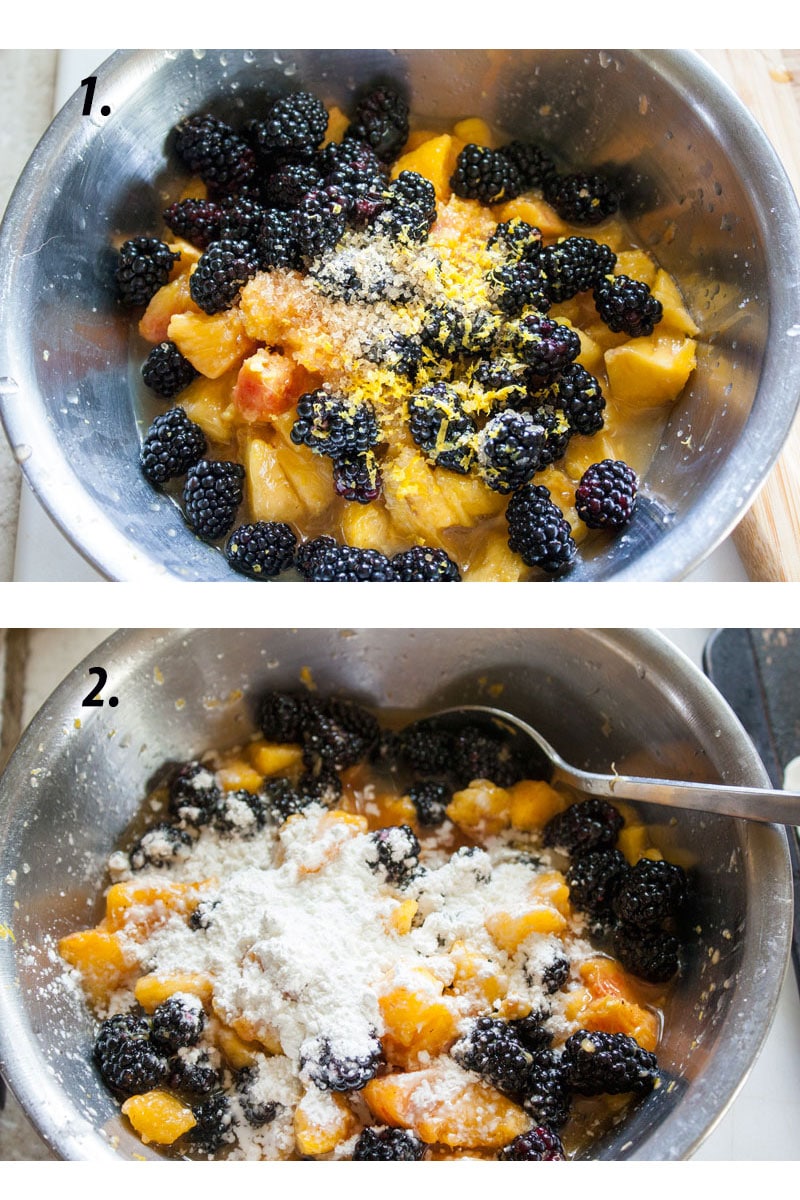 blackberries peaches in metal bowl with other ingredients