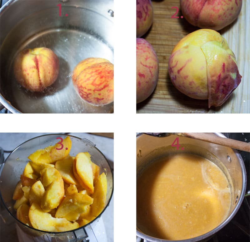Blanching peaches in pot. Removing peach skins. Peaches in food processor. Peach juice in pot.