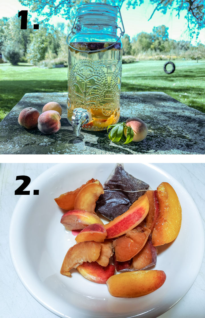 Peaches, tea bags and water in glass beverage container. peach slices and tea bags removed from beverage container.