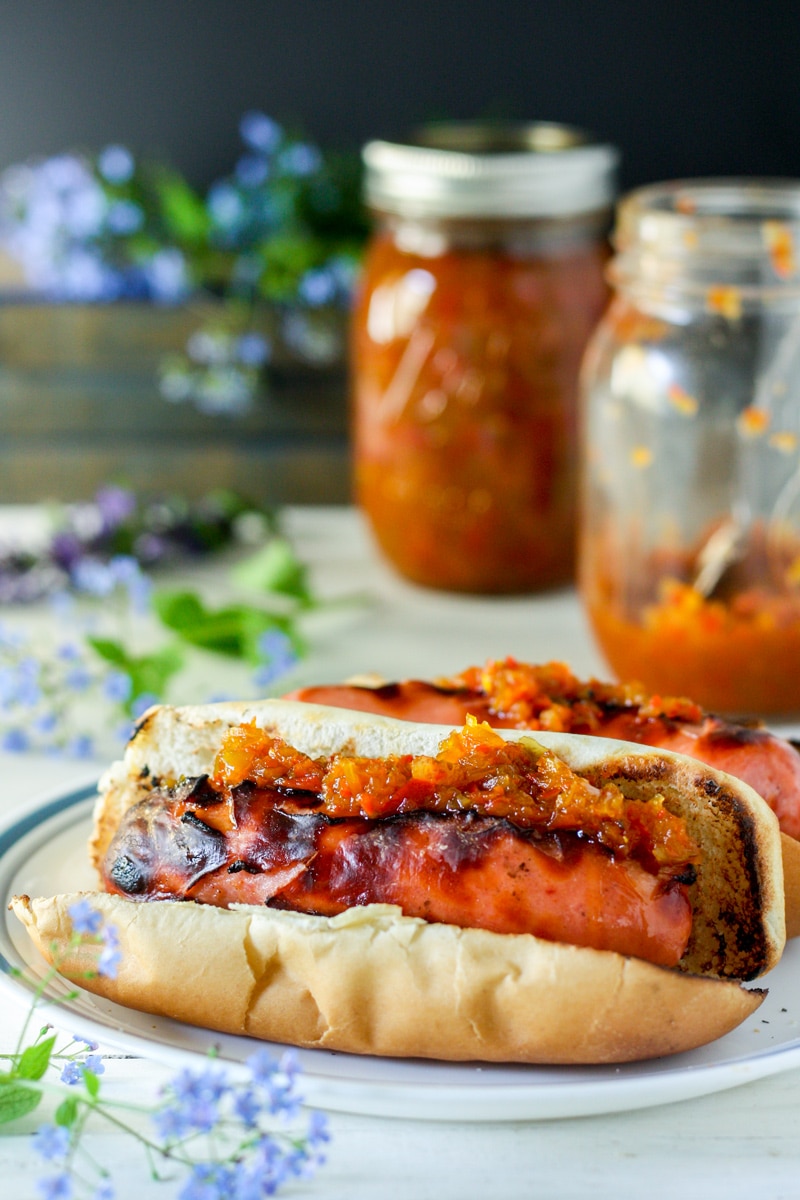 sweet pepper relish piled on weiner