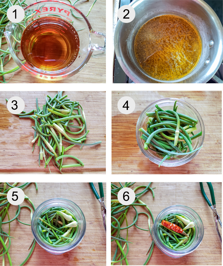 vinegar in jar. Spices added to pot. Jar filled with garlic scapes. Pepper added to jar.