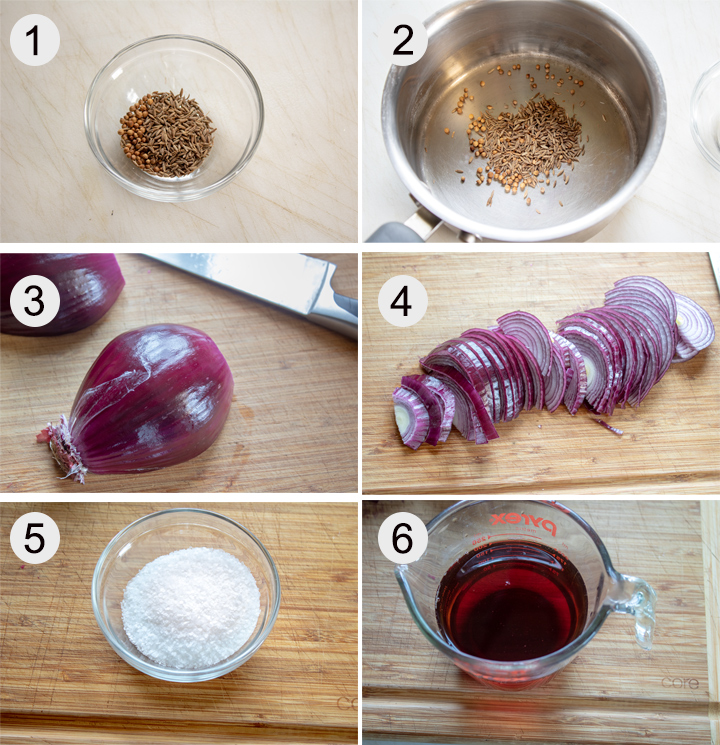 Spices measured into small bowl. Toasting spices in small pan. Red onion sliced in half. Red Onion sliced 1/4 inch thick on board. Sugar and salt measured into small bowl. Vinegar measured in cup.