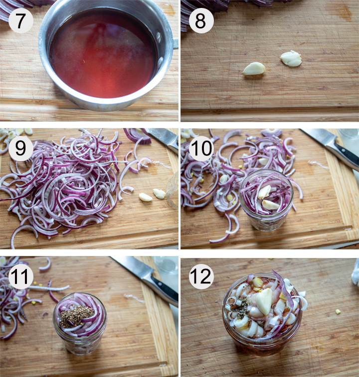 Vinegar in small pan. Crushed garlic on board. Onion slices broken up on board. Onions and garlic stuffed into canning jar. Spices added to jar. Brine added to jar to cover onions.
