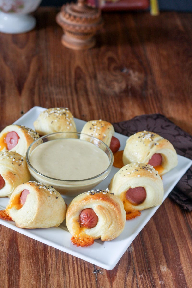 pigs in a blanket on square white dish for 4th of July recipe