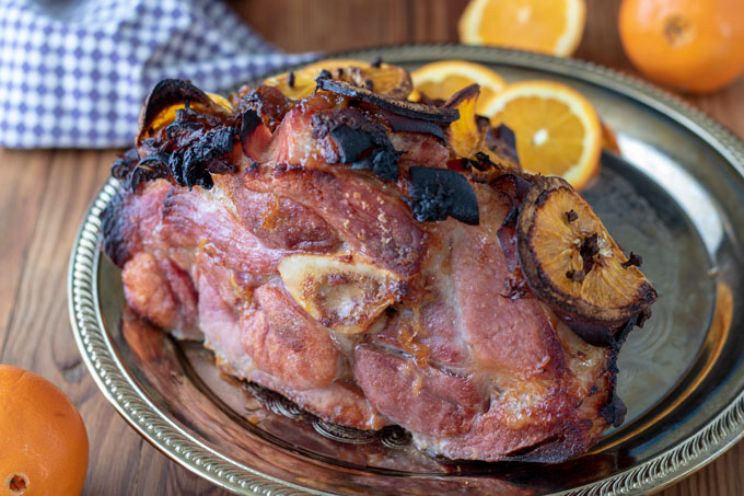 ham on silver serving tray