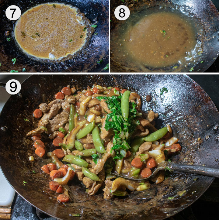 Carrots in wok. Suace ingredients thickened in wok. Sauce thickened in wok. All ingredients added back to wok.