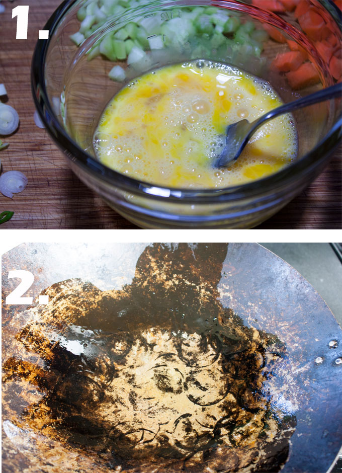 Eggs beaten in small bowl. Oil coated wok.