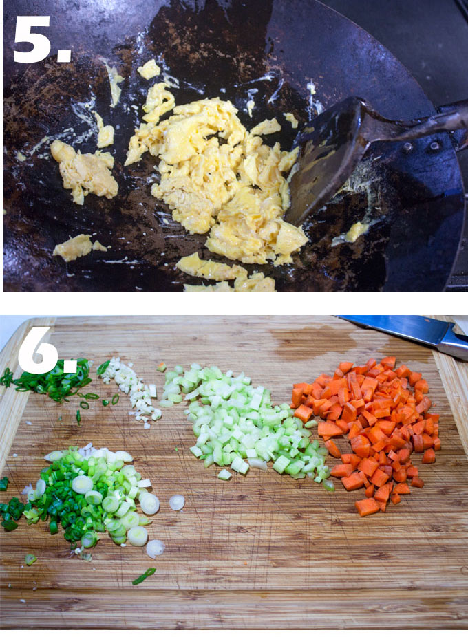 Fully cooked eggs. Vegetables chopped on cutting board.