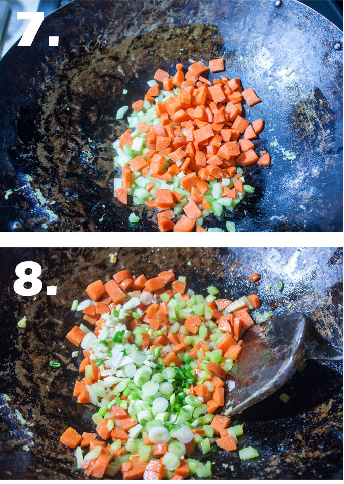 Vegetables added to wok. Stirring vegetables in wok.