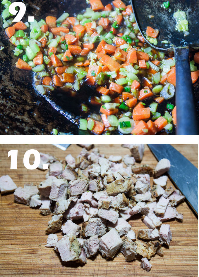 Finished vegetables in wok. Pork cut into chunks on board.