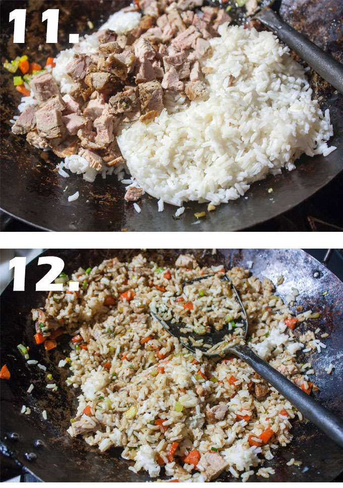 Pork and rice added to wok. Mixed up fried rice.