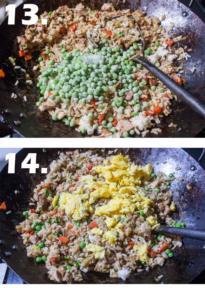Frozen peas added to wok. Scrambled eggs added to pork fried rice.