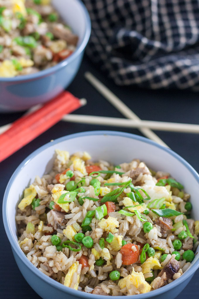 pork fried rice in white bowl