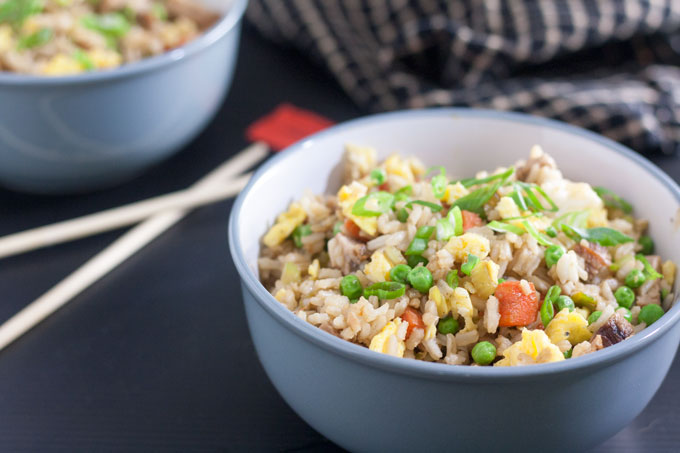 pork fried rice in gray bowl