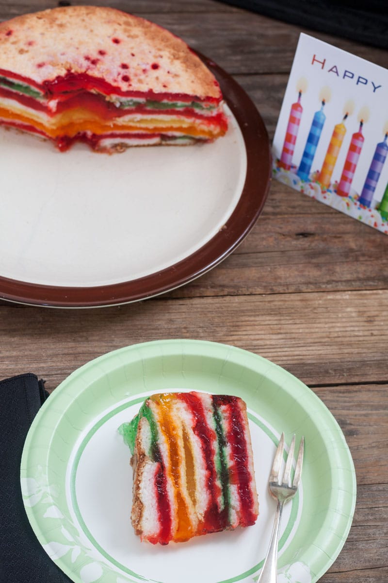 Rainbow Cake with birthday card in background.