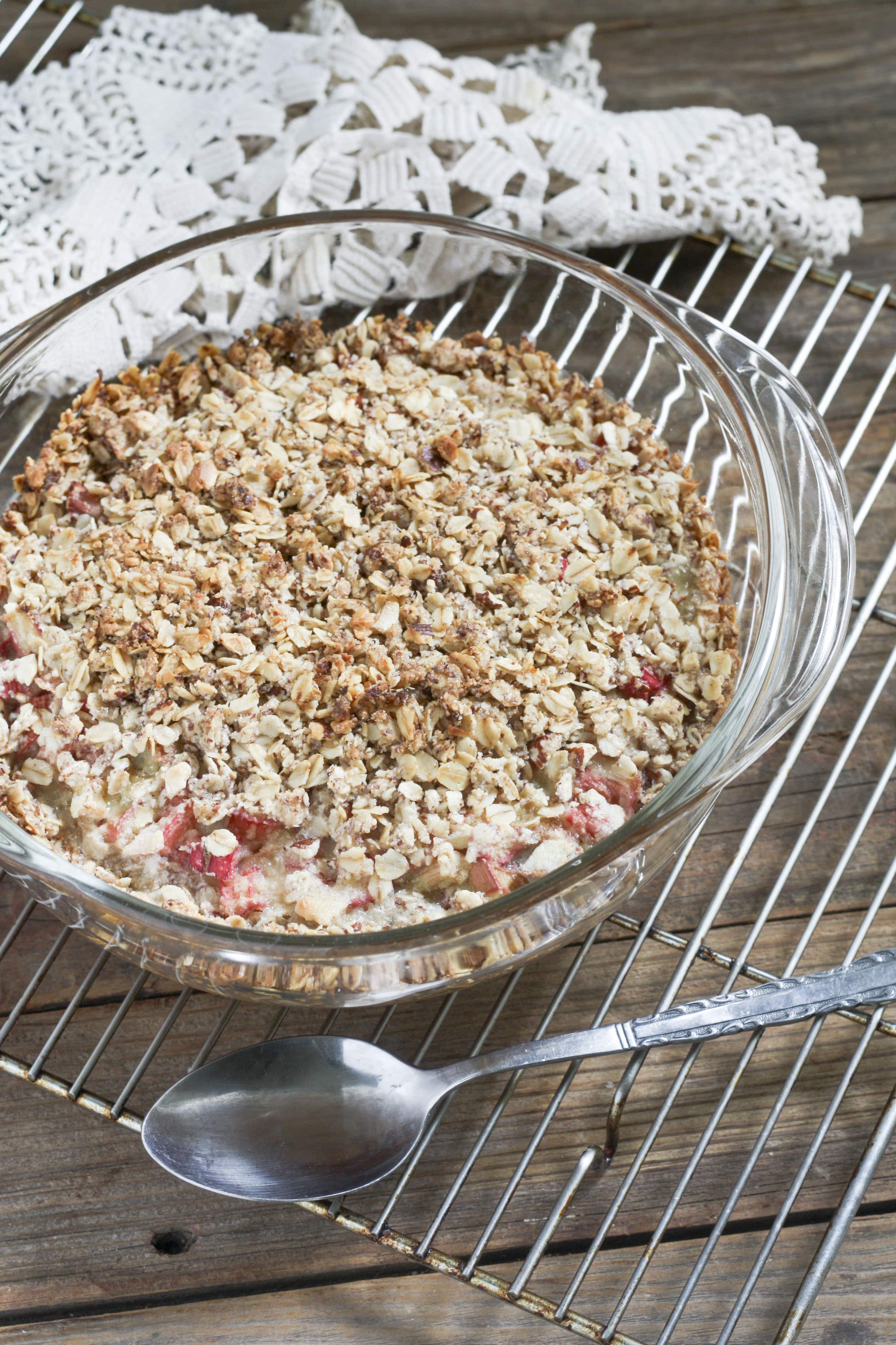 rhubarb crispp in clear casserole for july 4th recipe