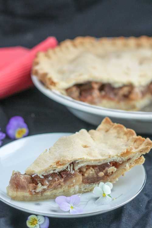 slice of rhubarb pie on white plate