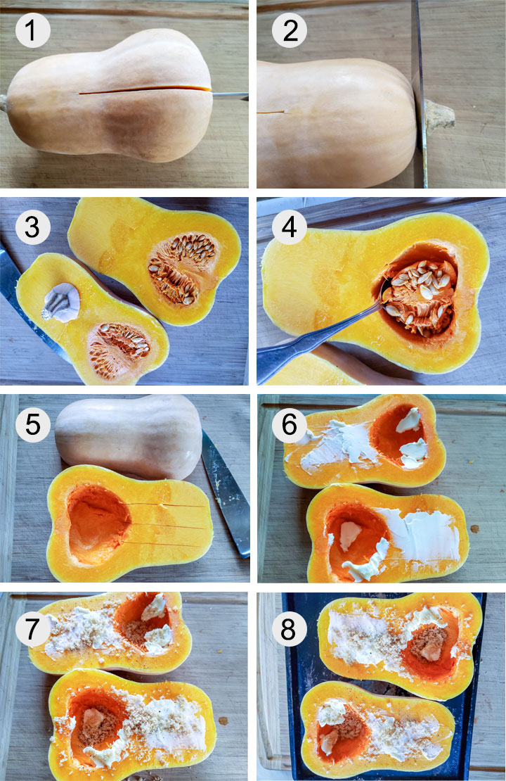 Half of butternut cut down the middle. Cutting stem off of butternut. Butternut squash cut in half. Removing seeds from sliced squash. Seeds removed from squash. Butter spread on squash halves.Pepper sprinkled on butter. Brown sugar sprinkled on squash.