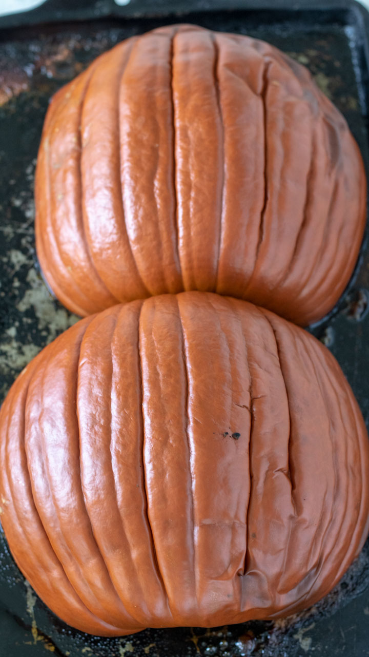 Halved pumpkins after roasting.