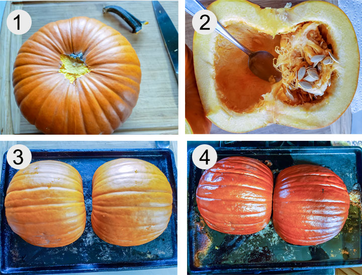 Whole pumpkin on cutting board. Scooping seeds out of pumpkin with spoon.