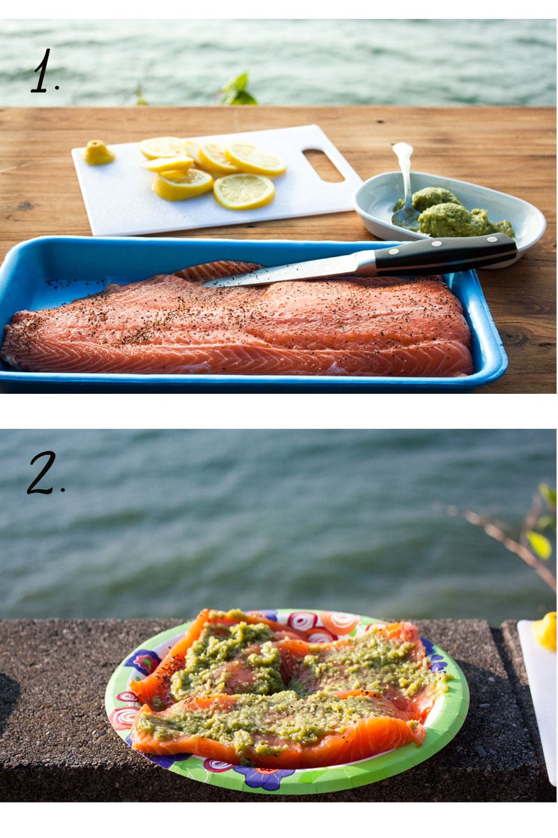 collage of steps for making the recipe for salmon with pesto