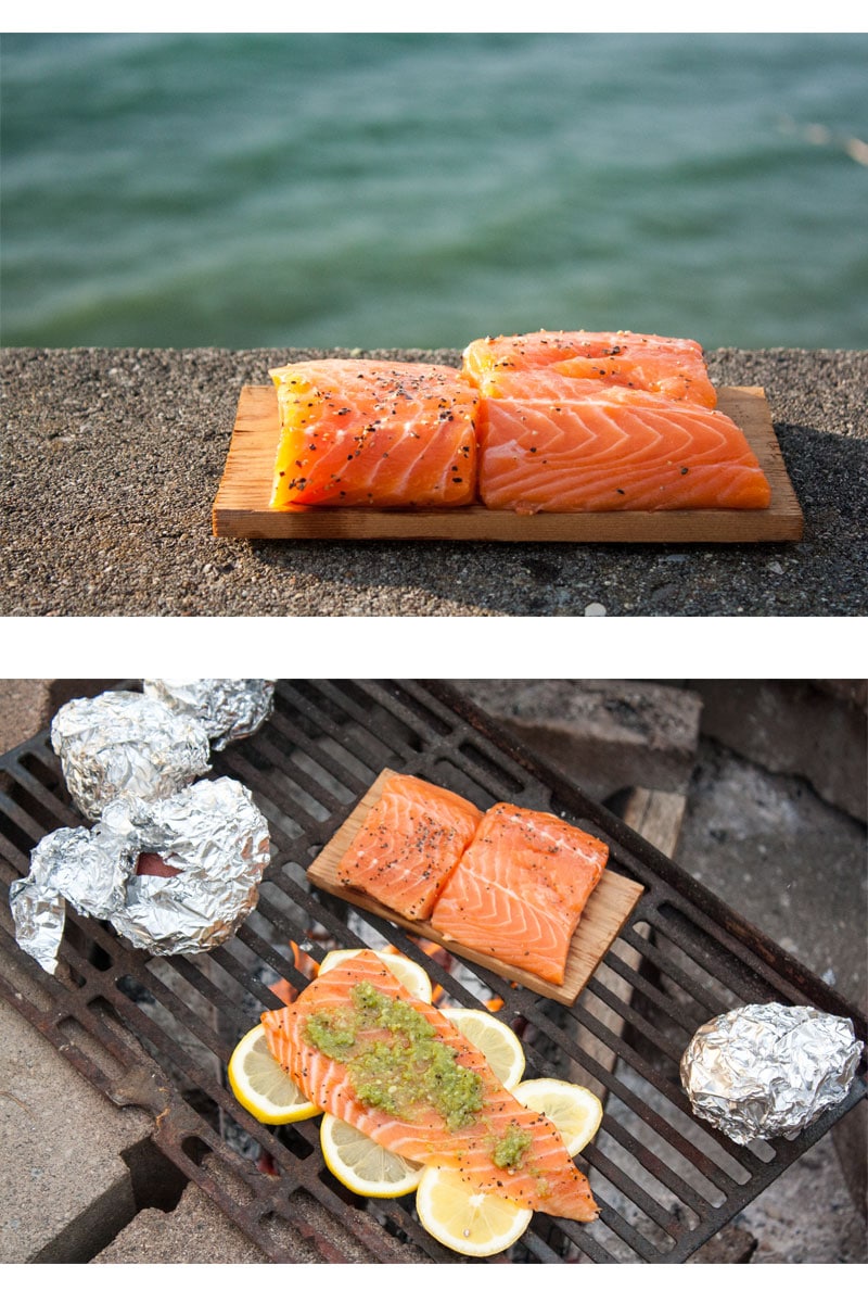 photo of salmon on cedar plank and fireplace that we use to cook on