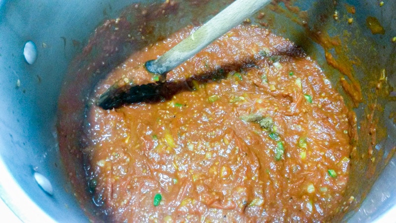 Cooked down slasa in pot.