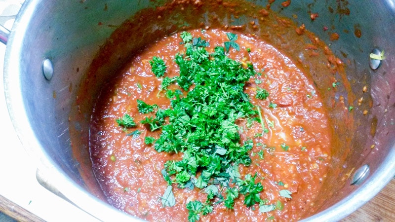 Addition of parsley and oregano to salsa in pot.