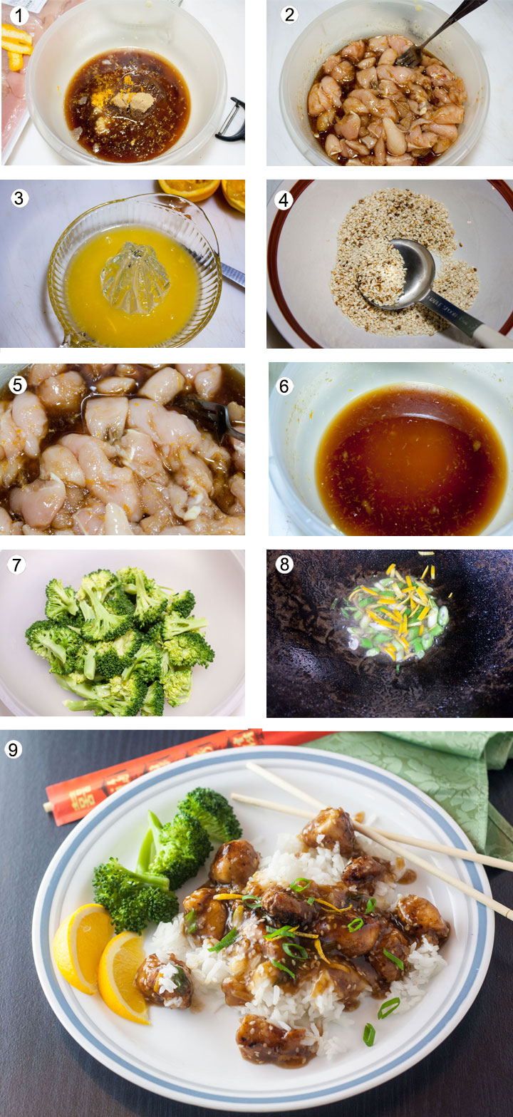 Marinade ingredients in bowl. Orange juice in juicer. Chicken added to marinade. Toasted sesame seeds in bowl. Sauce ingredients in bowl. Cornstarch in bowl. Chicken pieces frying in wok. Orange and onion in wok. Blanched broccoli in bowl.