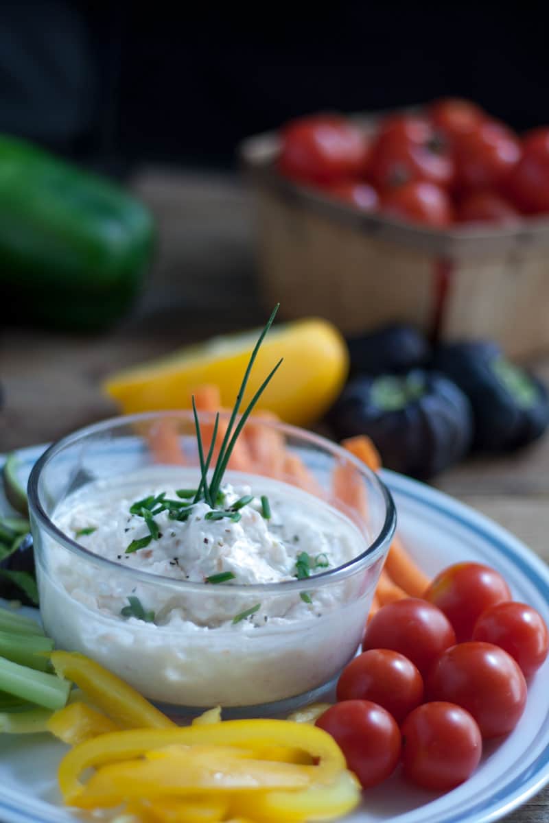 shrimp dip in clear glass bowl for July 4th recipe