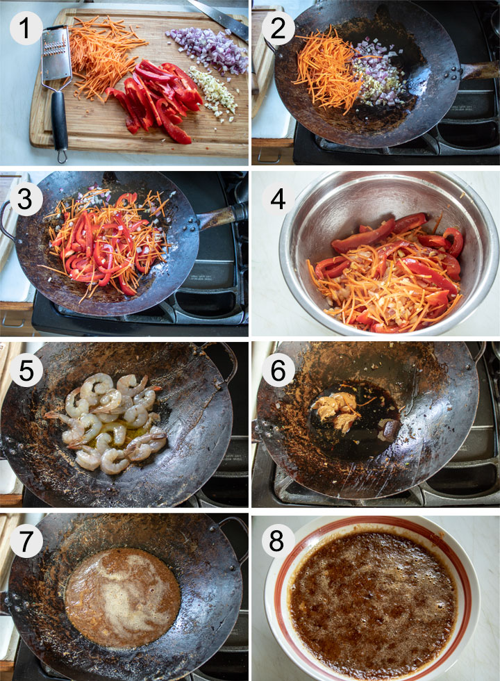 Vegetables cut on cutting board. onions and carrot in wok. Red peppers added wok. Vegetables resting in bowl. shrimp added to wok. All sauce ingredients added to wok.