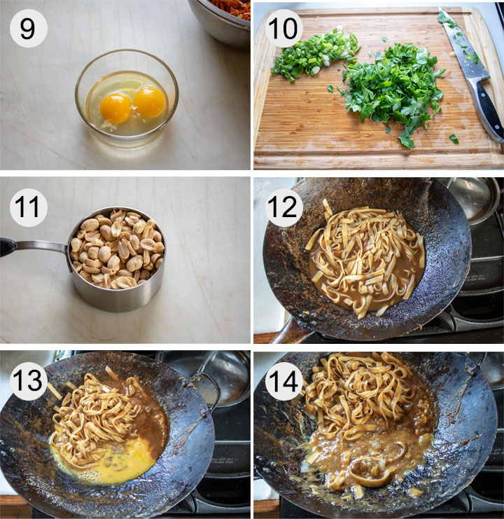 Eggs cracked into small bowl. Scallions and parsley chopped on board. Peanuts in measuring cup. Noodles added to sauce in wok. Eggs added to sauce. Eggs cooked in sauce in wok.