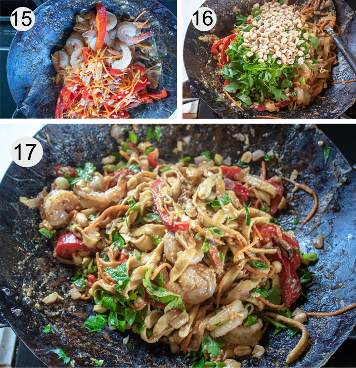 shrimp and vegetables added back to wok. The rest of ingredients added. Everything mixed together.