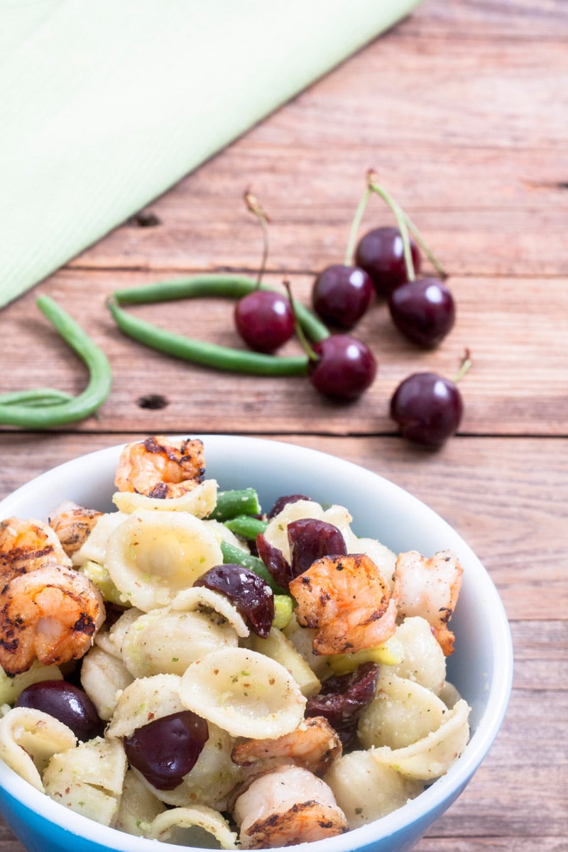 orriechetti pasta salad with cherries and shrimp for 4th of july recipe