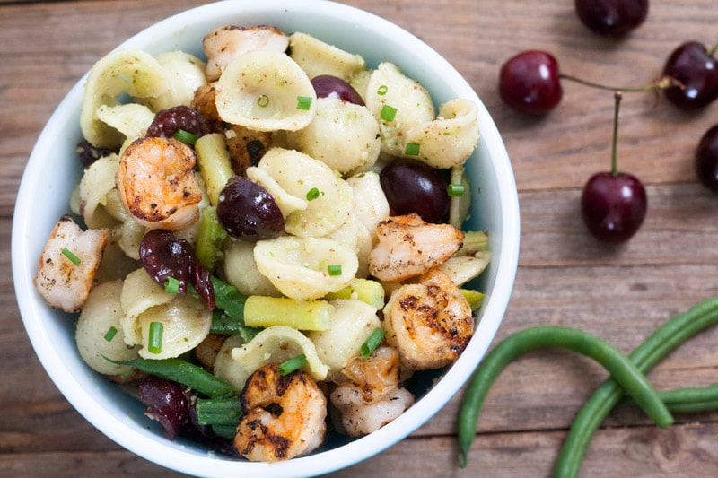 Grilled Shrimp Pasta Salad Garlic Scape Pesto In white bowl