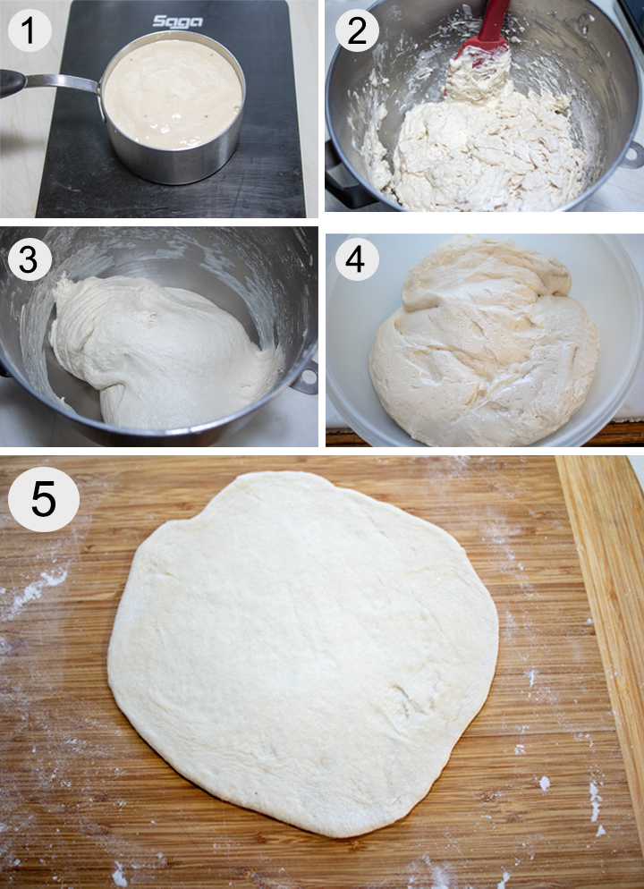 Sourdough starter measured in measuring cup. All ingredients added to mixer bowl. Dough after kneading. Oiled dough in clean bowl. Dough shaped into pizza crust.