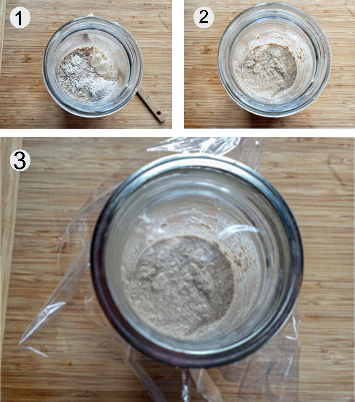Jar with flour and water. Flour and water mixed up. Jar covered with plastic wrap.