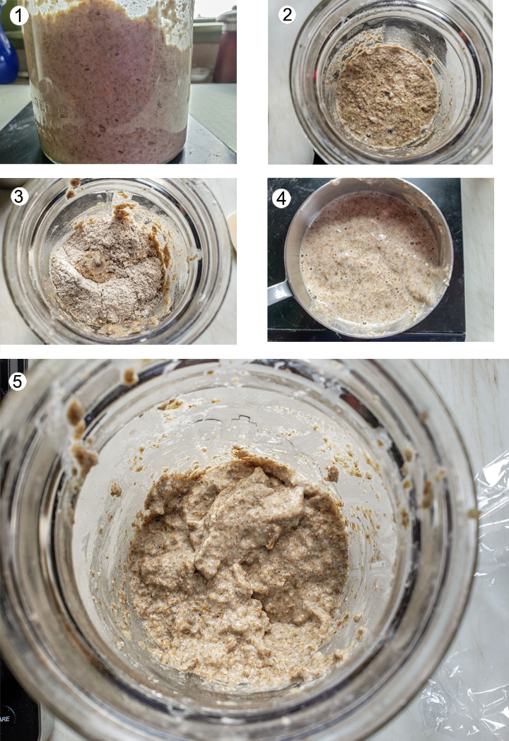 DAy 3 Bubbling starter. Starter in jar. Flour & water added. Measured discard. Mixed starter.