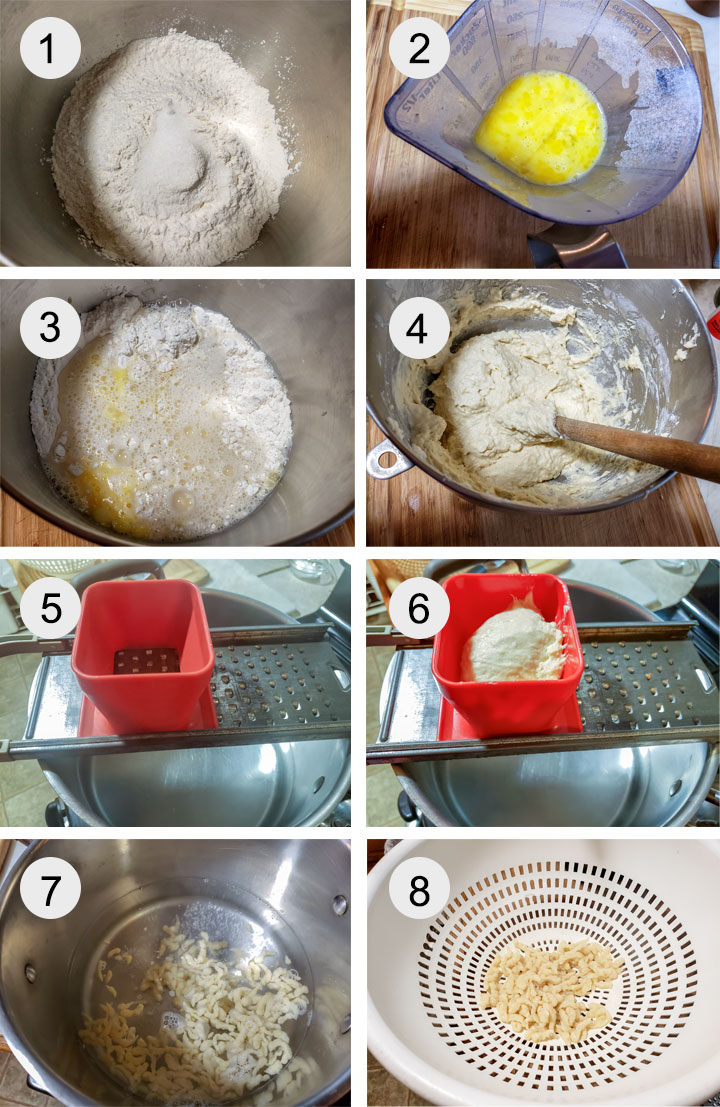 dry ingredients in mixing bowl. Whisked eggs. Spaetzle maker placed over pot of water. Dough added to spaetzle maker. Spaetzle in pot. Spaetzle draining in colander. Butter added to cooked spaetzle.