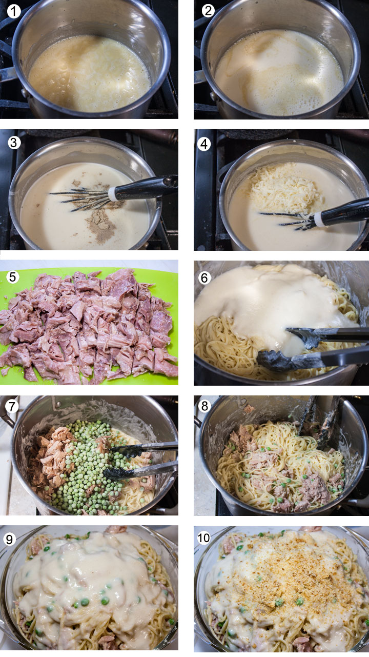 Roux in saucepan. Milk added to roux. White pepper added to white sauce. Cheese added to thickened white sauce. Diced turkey on cutting board. White sauce added to drained spaghetti. Peas and turkey added to pasta. Pasta mixed up in pot. Spaghetti added to casserole dish with remaining cheese sauce on top. Top of casserole sprinkled with toasted bread crumbs.