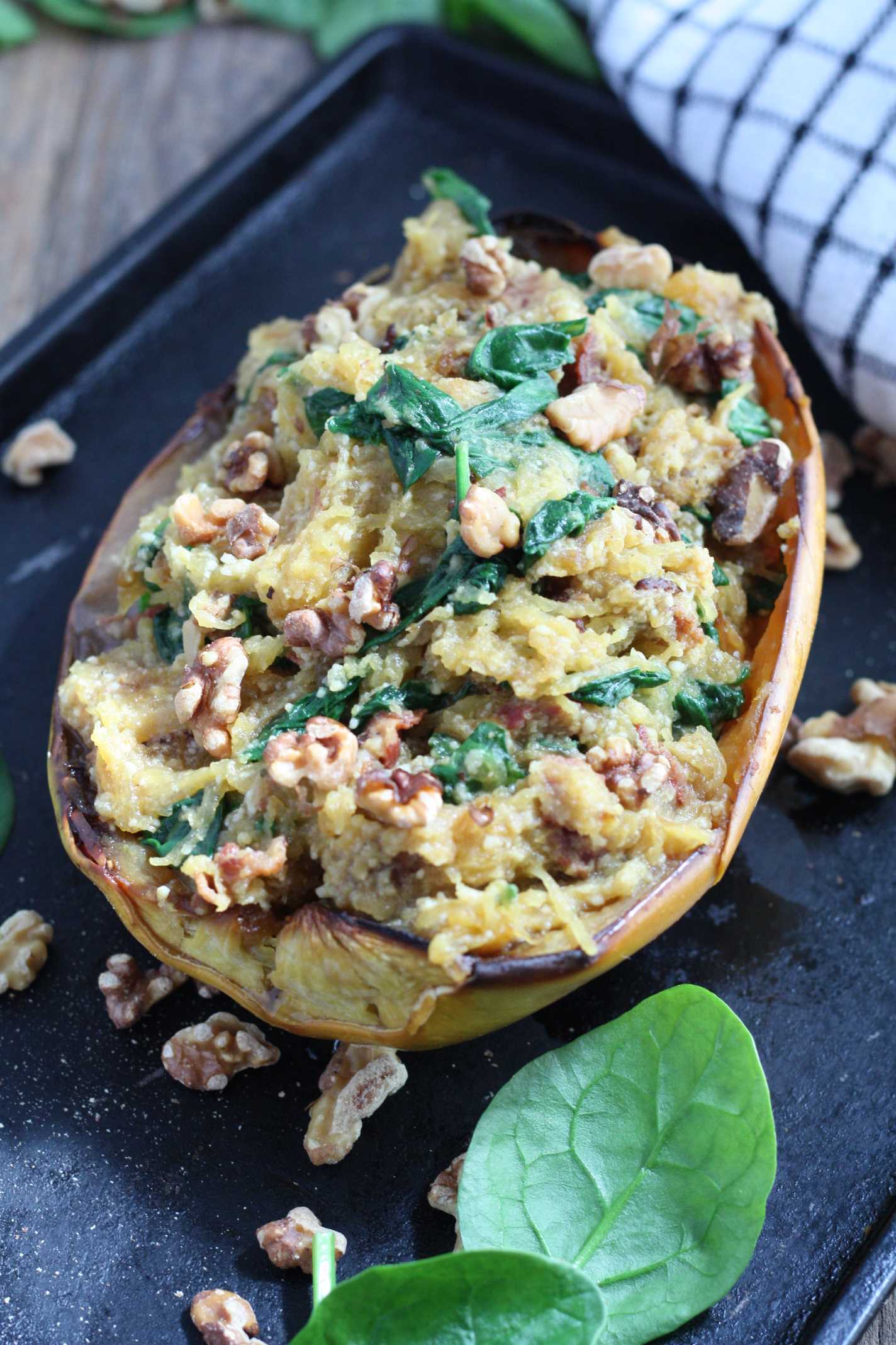 Spaghetti Squash Spinach and Bacon Boats 4