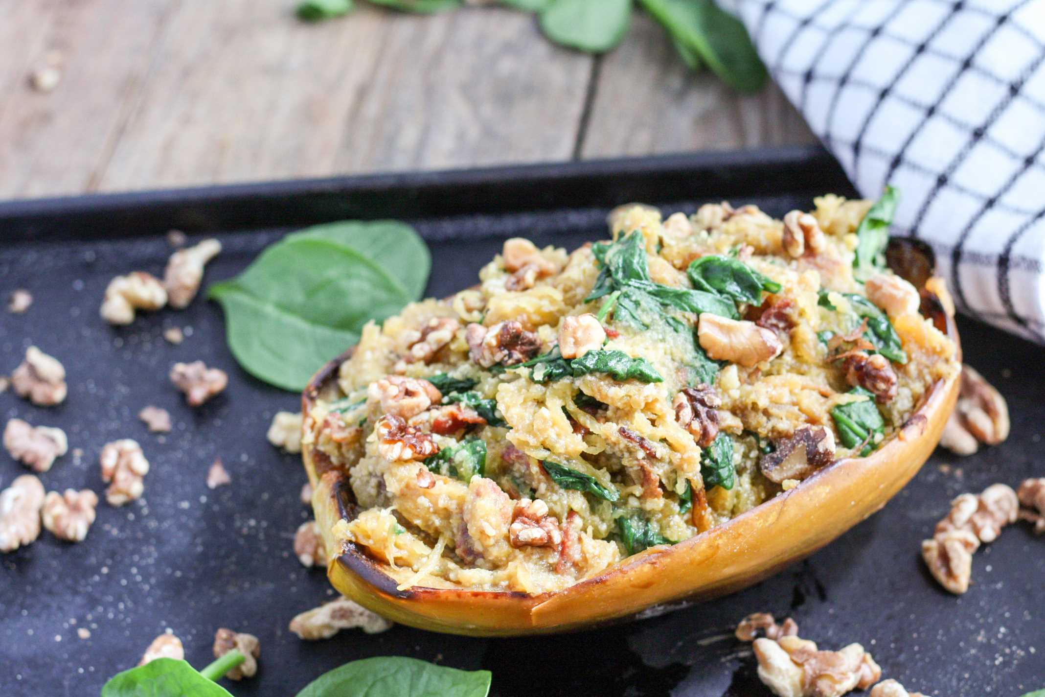 Spaghetti Squash Spinach and Bacon Boats 3