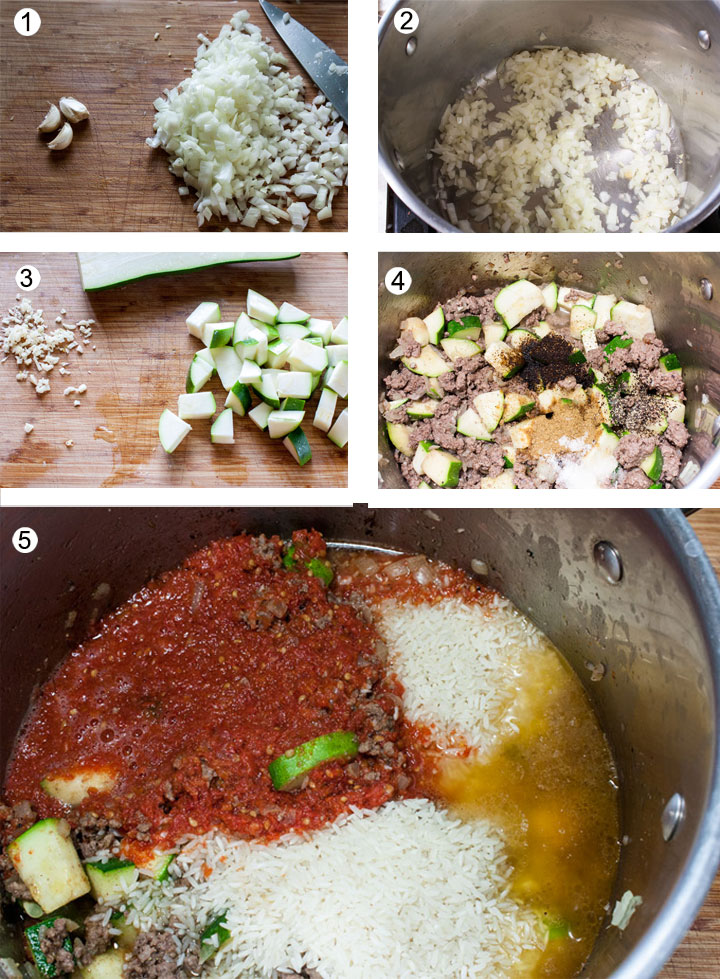 process - onion and garlic chopped on board. Added to pot, zucchini chopped. Browned meat and zucchini with spices. Tomatoes and rice added.