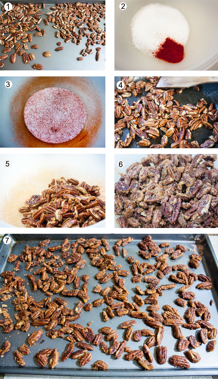 Nuts on baking sheet, toasted. Spices and sugar in bowl. Mixed up sugar mixture. Nuts in cast pan after glazing. Nuts coated with sugar mixture. Nuts in bowl coated wiht sugar mixture. Nuts drying on baking tray.