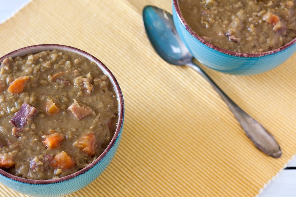 Split pea soup on yellow placemat
