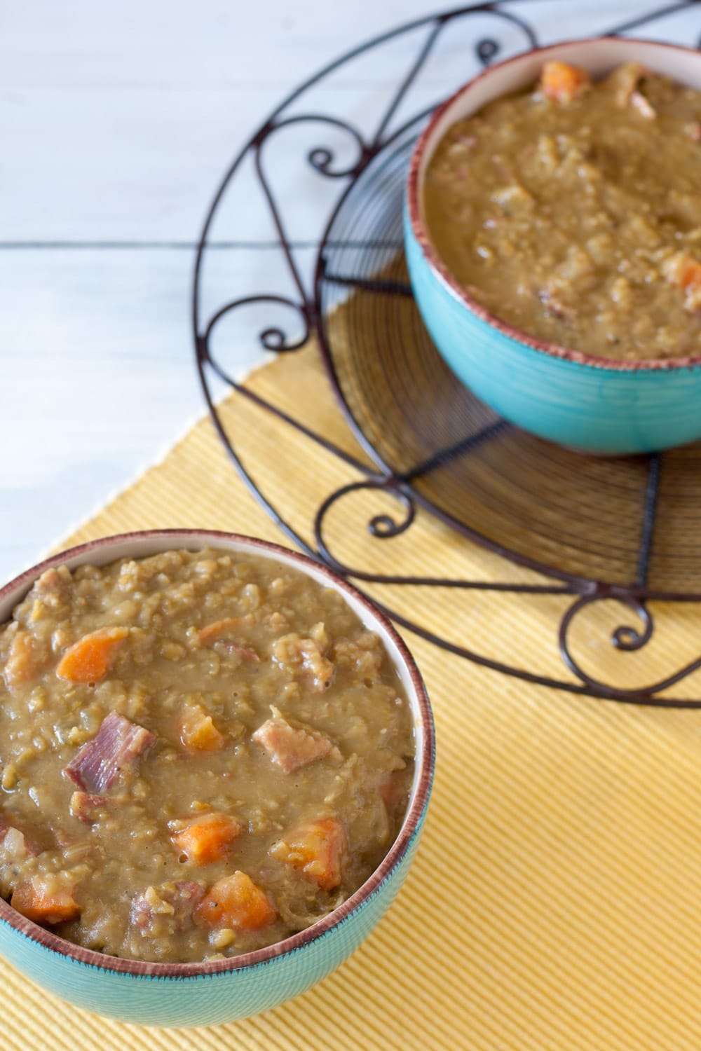 Blue bowl with split pea soup